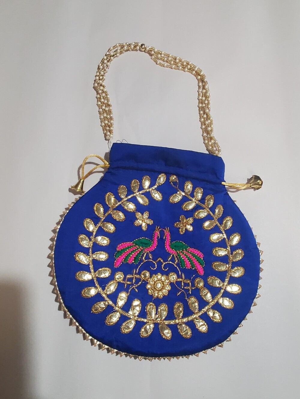 Peacock Bucket Wristlet Bag. India. Blue Gold. Beaded Handles.